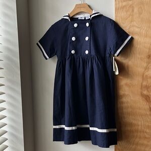 Vintage dead stock Hartstrings navy and white linen cotton sailor dress size 6
